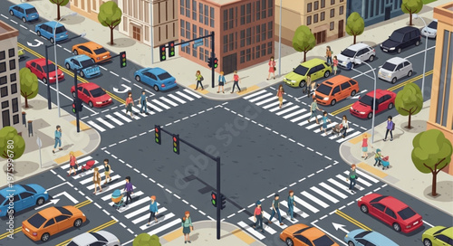 Isometric City Intersection with Cars and Pedestrians.