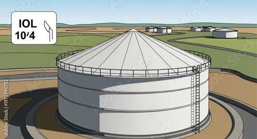 Large White Industrial Silo with Conical Roof and Ladder.