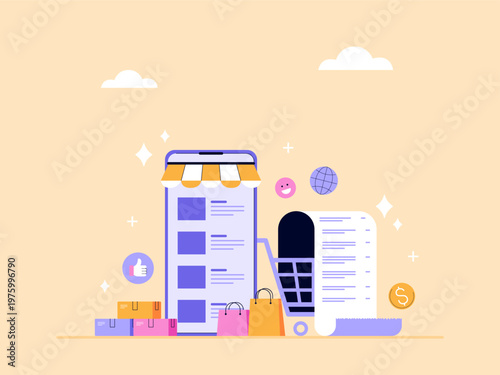 E-commerce, online shopping and digital online stores that feature shopping carts and products