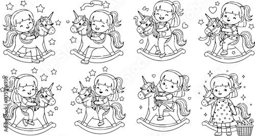 Cute smiling girl with ponytail riding rocking unicorn toy multiple poses surrounded by stars and hearts black and white line art for kids coloring book