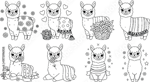 Cute smiling llama characters with flowers hearts and decorative textiles sitting standing and holding objects in vector coloring book page style black and white line art illustrations