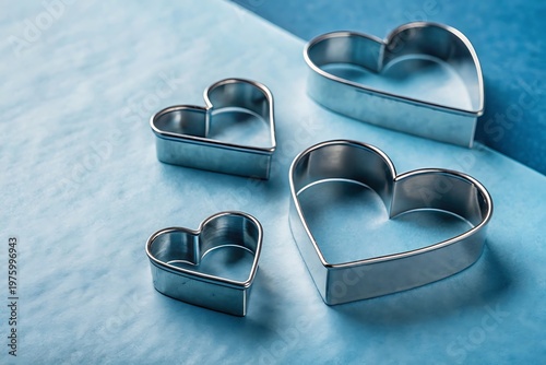 Four Silver Heart Shaped Cookie Cutters on Textured Blue Surface metal