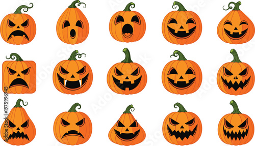 Set of halloween pumpkin faces collection spooky jack o lantern expressions flat vector illustration for holiday decoration and party design