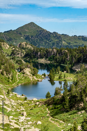 Lake Redon and lake Long de Colomers at Colomers Cirque hiking trail, Vall d´Aran, Lleida province, Catalonia, Spain