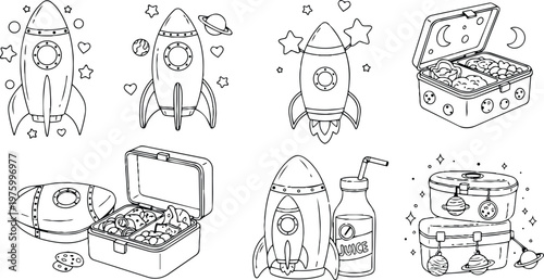 Black and white line art rocket ships and lunch boxes with space decorations for children coloring book page set with planets stars and juice bottle illustration
