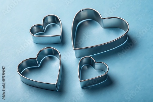 Four Silver Heart Shaped Cookie Cutters on Blue Textured Surface metal