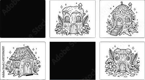 Whimsical black and white fairy tale tree house coloring book pages with flower petal roofs mushrooms stairs and heart shaped windows adorable nature inspired designs for children and adults to color