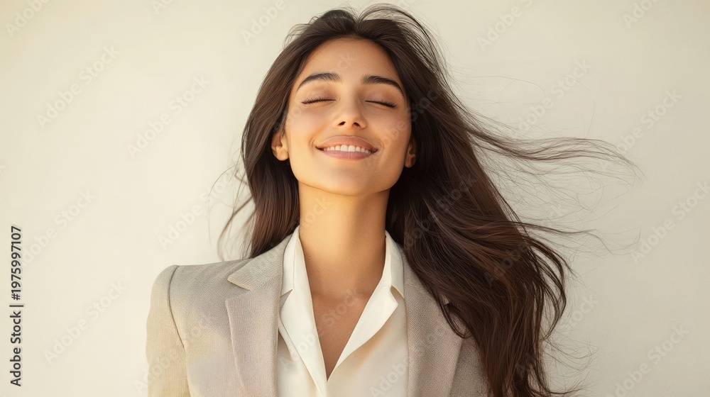 Fototapeta premium Young woman with long dark hair smiling with eyes closed, wearing a blazer and white shirt, natural light