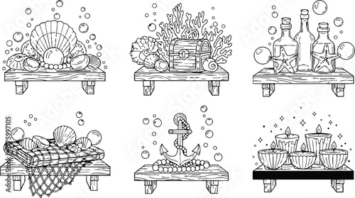 Black and white coloring book page set with six nautical themed shelves featuring seashells pearls treasure chest coral bottles starfish fishing net anchor and candles line art design