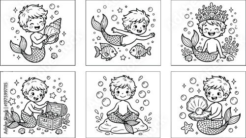 Black and white coloring book page set featuring happy young mermaid boy with fish shell treasure chest coral crown and meditation under water scenes in whimsical line art style