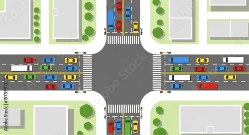 Aerial View of a Busy City Intersection with Traffic.