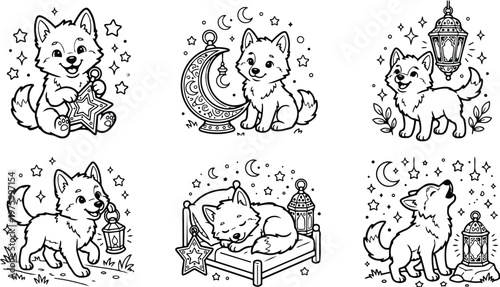Cute fox puppies holding and playing with star and lantern sleeping under crescent moon and starry sky night magic coloring book illustrations for children fun activity pages