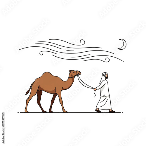 Vector flat design illustration of a man in traditional clothing leading a camel across a desert landscape