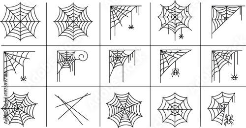 Set of Spider Web Icons with Different Shapes and Details for Halloween, Spooky, and Horror Design Projects