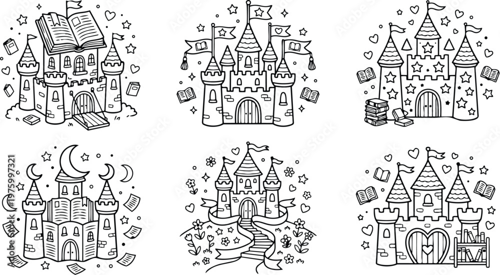 Naklejka premium Detailed coloring book castle illustrations with magical flags stars hearts books moon flowers pathway and decorative elements for creative artistic children and adults