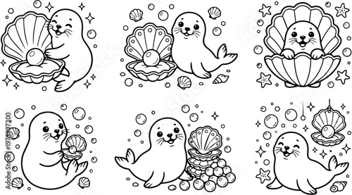 Cute playful seal holding pearl in clam vector art for children coloring book set of six adorable marine animals with bubbles shells and starfish illustrations