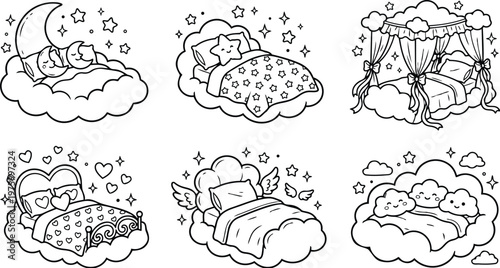 Black and white line art collection of dreamy cloud beds with crescent moon sleeping couple with stars heart shaped pillows angel wings and fluffy clouds for coloring book designs