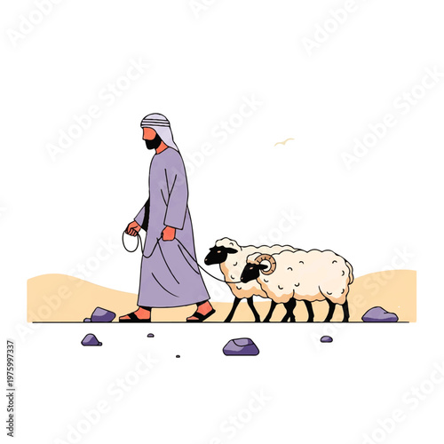 Vector flat design illustration of a shepherd leading sheep across a desert landscape with rocks and sand