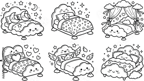 Cute smiling cloud shaped beds with moon and star pillows hearts wings and curtains coloring book page for children and adults relaxing bedtime vector art line drawing