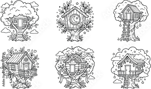 Set of six detailed black and white line art treehouse designs with ladders balcony heart and moon decorations surrounded by leaves clouds and stars for coloring book pages