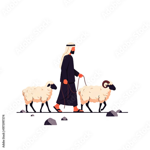 Vector flat design illustration of a man in traditional clothing herding sheep in a minimalist landscape