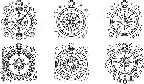 Black and white line art compass set with shells stars diamonds hearts ribbons and decorative elements for coloring book pages with intricate details and nautical designs