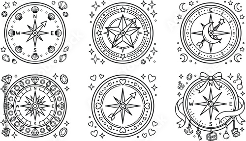 Collection of six detailed black and white compass rose designs arranged for coloring book featuring nautical shells diamonds hearts moons stars ribbons and decorative elements in line art style