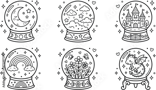 Black and white line art coloring book style six magical snow globes featuring smiling crescent moon stars clouds fairy tale castle rainbow flowers butterflies and cute dragon outline drawing set