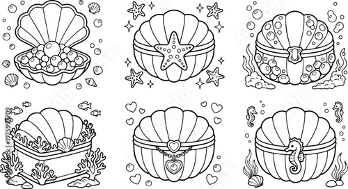 Black and white coloring book page with six different open and closed seashell treasure chests surrounded by underwater elements for creative coloring activity