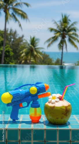 Tropical Vacation Fun: Coconut Drink and Water Gun by Poolside with Ocean View