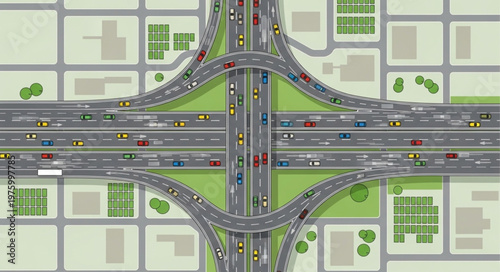 Aerial View of a Complex Highway Interchange with Traffic.