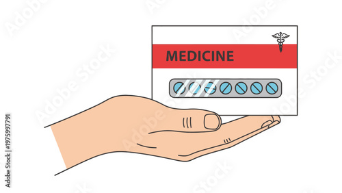 Cartoon vector illustration of a human hand holding a white and red medicine box with a blister pack of blue pills, symbolizing health and care.
