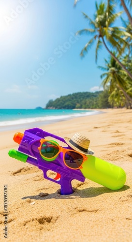 Summer Beach Fun: Water Gun with Sunglasses and Hat on Sandy Shore