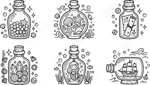 Coloring book vector art with six detailed glass bottles containing underwater treasures including pearls starfish shells mermaid ship and map illustration outlines