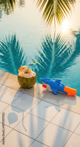 Tropical Coconut Drink and Shark Water Gun by Poolside