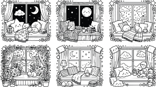 Black and white coloring book vector art with six cozy window seats featuring cats dog owl rabbit teddy bear reading books drinking tea star and moon decorations