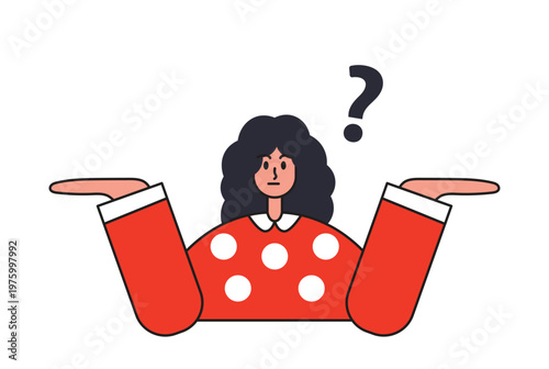 Flat design illustration of a confused woman shrugging with a question mark. Cartoon character in red polka dot shirt feeling doubtful. Minimalist concept of uncertainty and choice.
