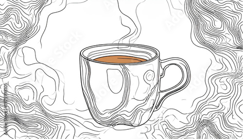 Steaming coffee cup illustration with abstract background and details.