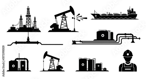 Oil and Gas Industry Silhouette Icons - Drilling Rigs, Tankers, and Infrastructure.