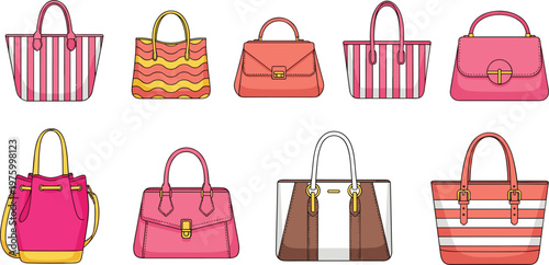 Set of stylish women handbags in flat vector style colorful fashion purses collection isolated accessories design for shopping branding and retail