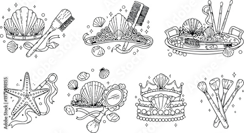 Black and white detailed line art sea shell crowns and makeup brushes with starfish and mirror coloring book page for creative relaxing activity