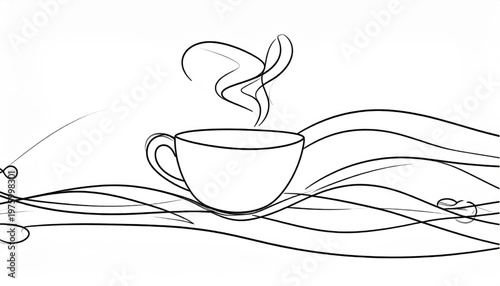 Steaming cup of coffee amidst abstract flowing lines.