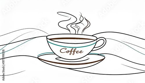 Steaming Coffee Cup on Saucer with Coffee Word.