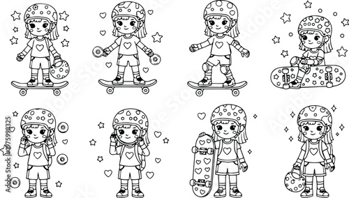 Black and white coloring book page with cute girl wearing helmet and knee pads skateboarding various poses holding skateboard and helmet surrounded by stars and hearts