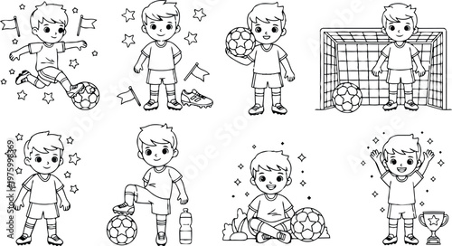 Line art coloring book page with cheerful boy playing soccer kicking ball standing holding ball near flags goalkeeper posing in goal sports accessories and winner trophy