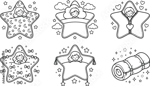 Cute sleeping children inside star shapes with various patterns and elements including moons clouds hearts and bows in cozy bedtime scenes vector coloring book illustrations