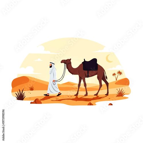 Vector flat design illustration of an Arab man in traditional clothing leading a camel through a desert landscape