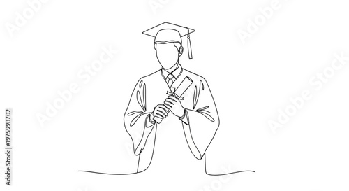 Continuous line art illustration of a graduate in a cap and gown holding a diploma, symbolizing academic achievement and the completion of studies