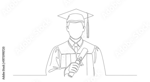 A Graduation Ceremony Continuous Line Art Illustration of a Graduate Holding a Diploma, Symbolizing Achievement and Academic Success