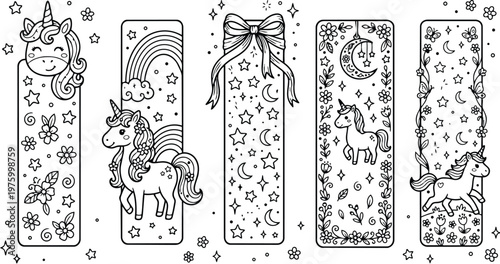 Whimsical black and white line art unicorn bookmarks with floral stars moon motifs for children coloring book pages detailed playful imaginative magical vector set